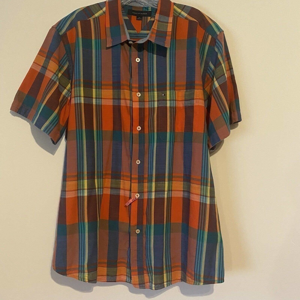 TOMMY Hilfiger Button Up Shirt Short Sleeve Orange Blue Plaid Checks Large